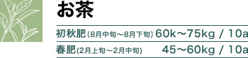 お茶 初秋肥（8月中旬～8月下旬） 60k～75kg / 10a 春肥（2月上旬～2月中旬）45～60kg / 10a